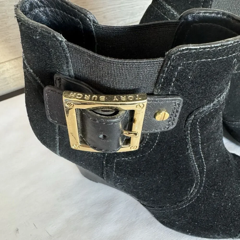 Tory Burch Adrienne Black Suede Wedge Heel Chelsea Ankle‎ Boot Women 6 M Chic
